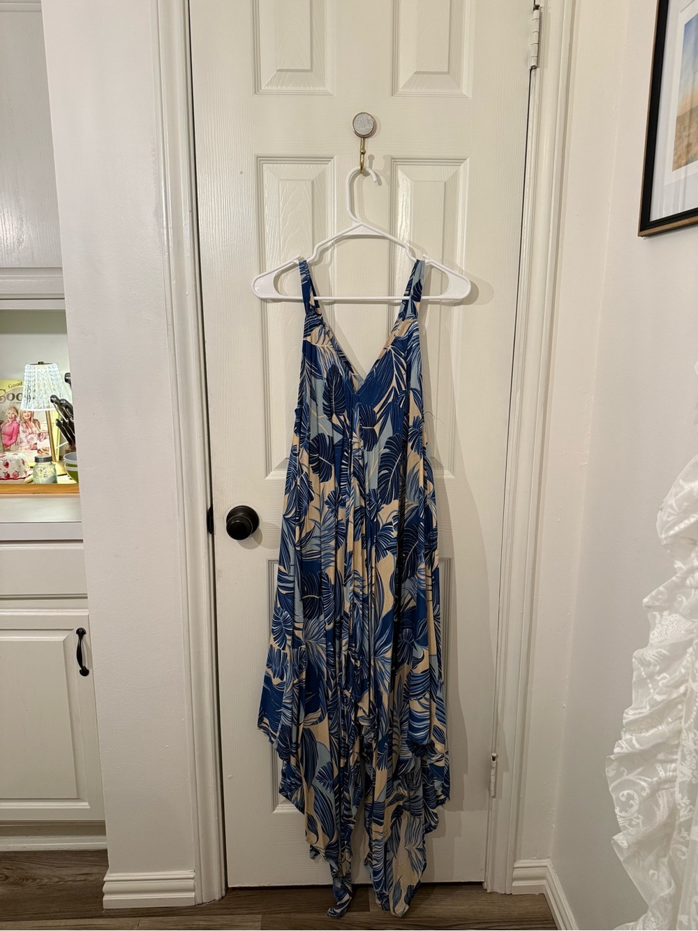 Blue Leaf-Print V-Neck Maxi Dress